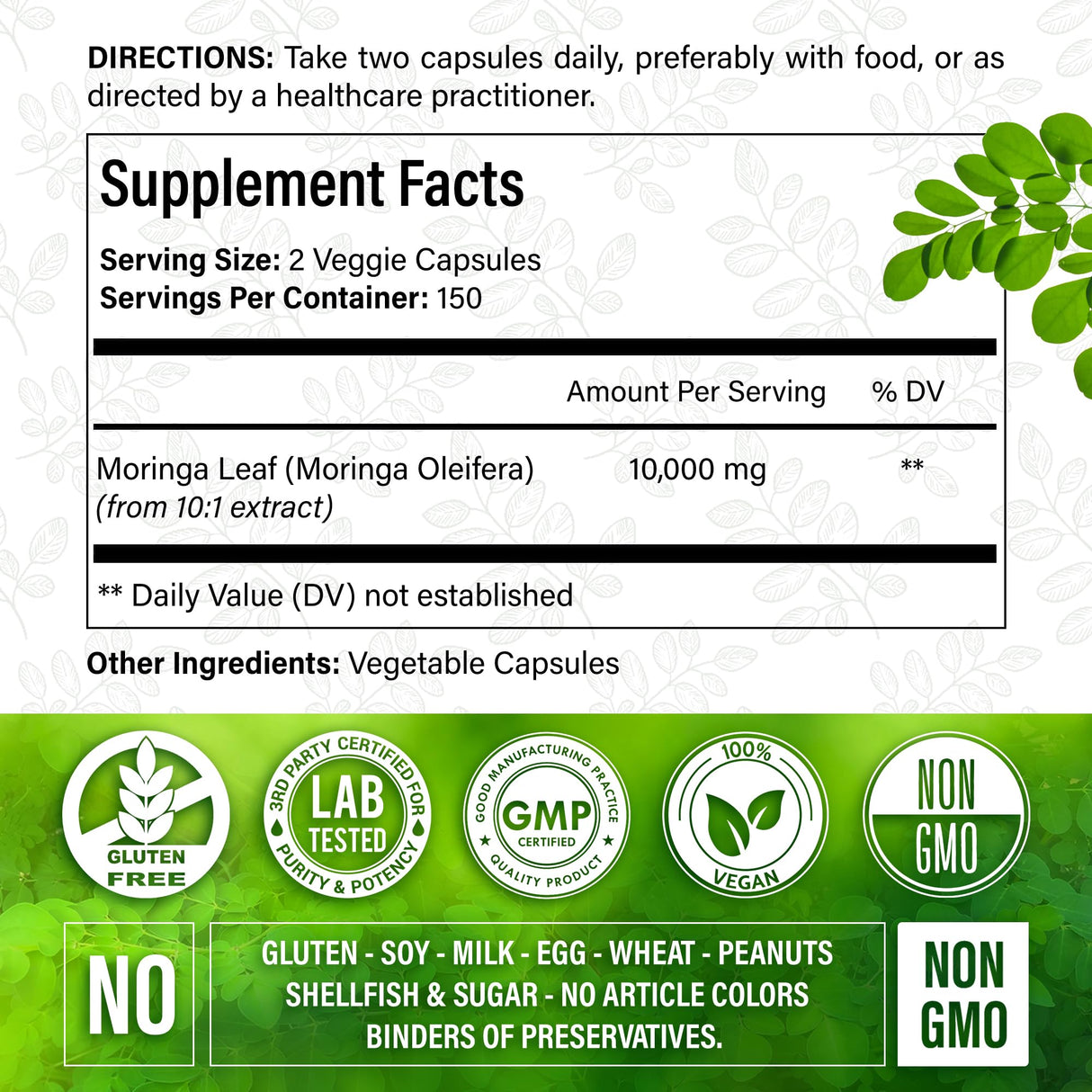 Moringa Capsules| 300 Capsules| Moringa Oleifera| 10,000mg| 100% Pure & Natural| Non-GMO and Gluten Free Supplement | Complete Green Superfood | Moringa Leaf Extract Powder