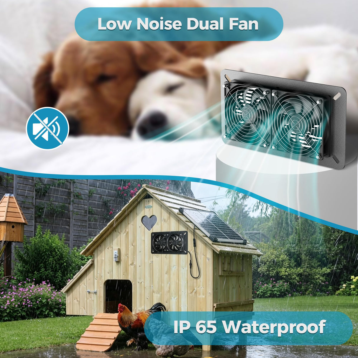 Solar Fan Kit for Chicken Coop - Two IP65 Waterproof 5" Solar Powered Fans - Outdoor Exhaust Intake Ventilation Fan for Outside Shed Greenhouse Attic Pet House - Strong Airflow Without Battery