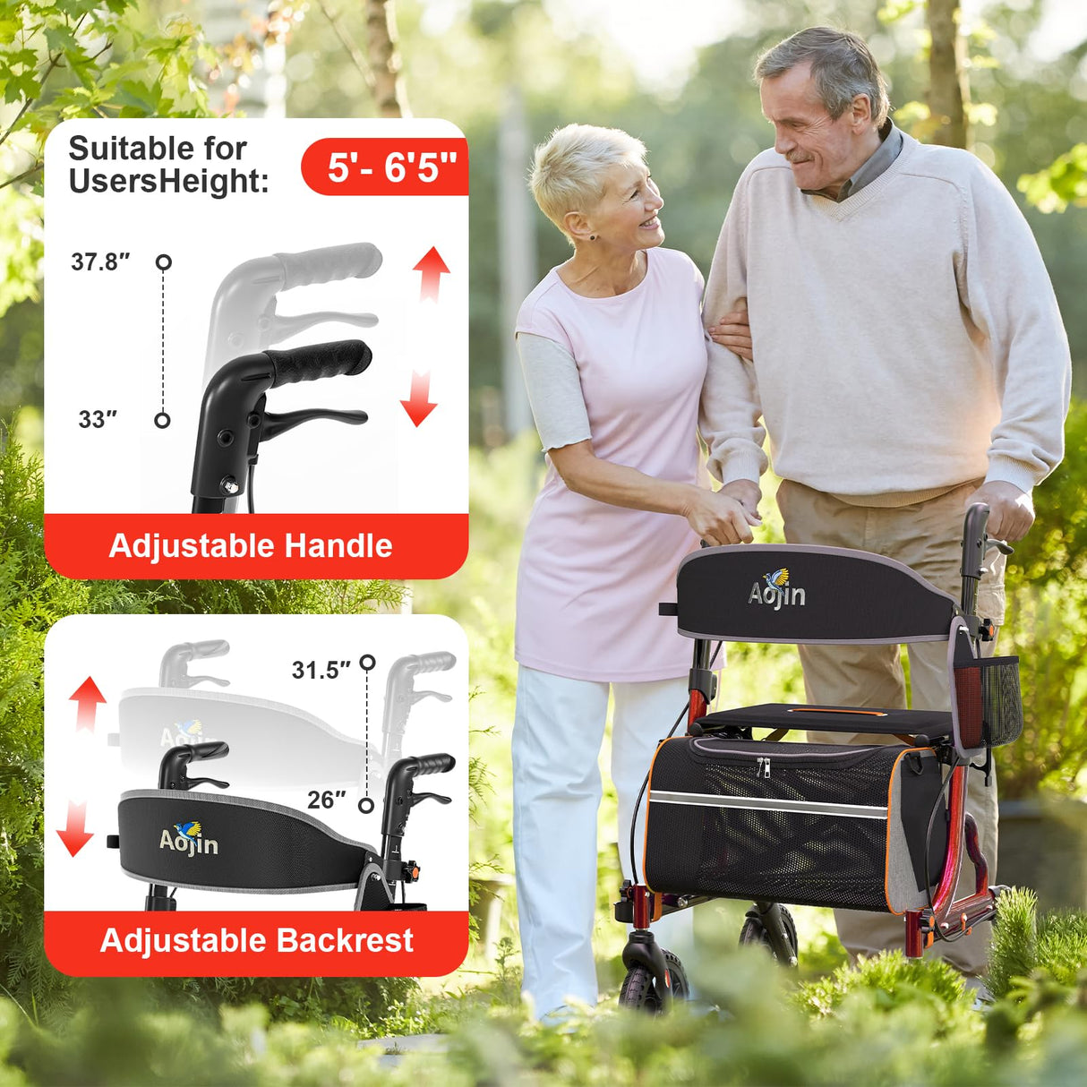 Rollator Walkers for Seniors with Seat, Foldable Walkers for Seniors, 8" All-Terrain Wheels, 18" Big Seat, 6-Level Adjustable Height Rolling Walker, 350 lb, Walker for Seniors & Adults (Red)