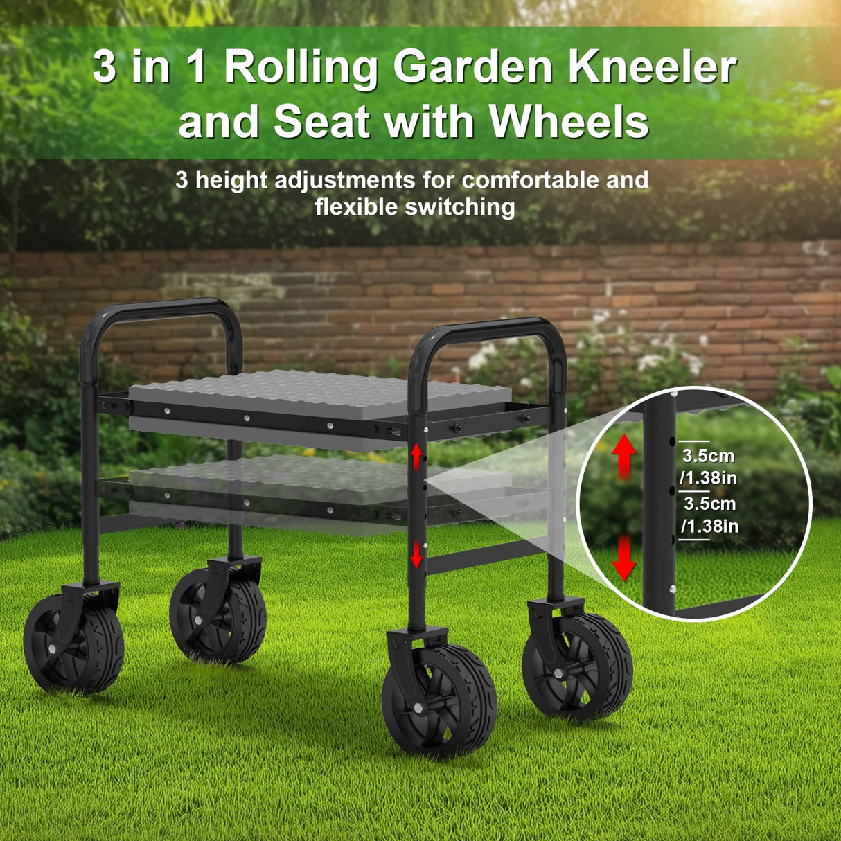 Garden Kneeler and Seat with 360° Wheels: 3-in-1 Rolling Gardning Stool