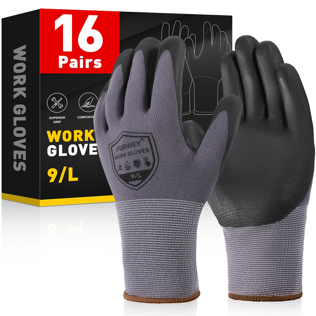 FURWEY Safety Work Gloves,16 Pairs Micro-Foam Nitrile Coated Glove for Men and Women, Touchscreen, Ideal for Warehouse Package Handling,Construction, Gardening, Large