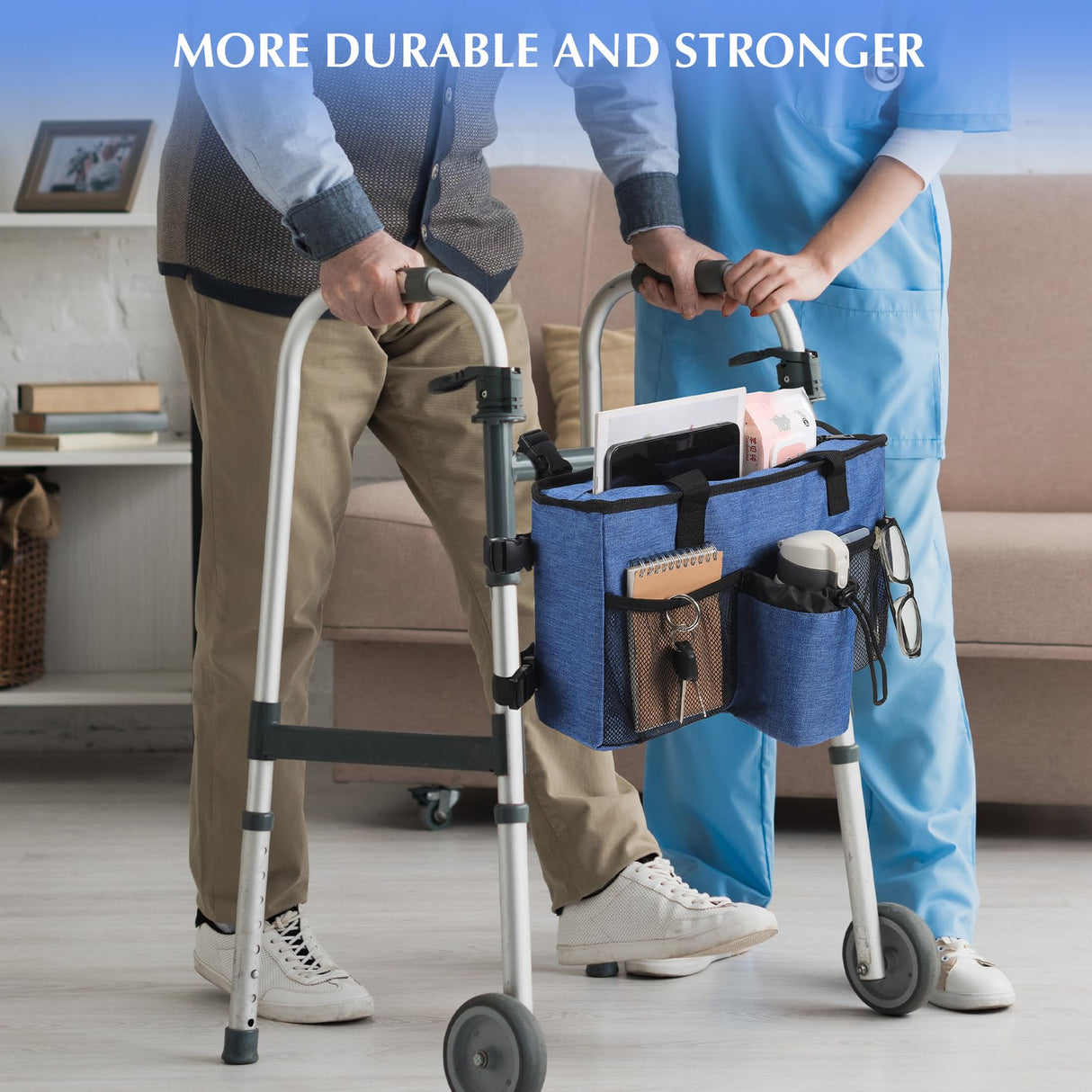 Walker Accessories for Folding Walker with Cup Holder,Pocket, Organizer Carry Storage Pouch Bag Buckle (Blue)