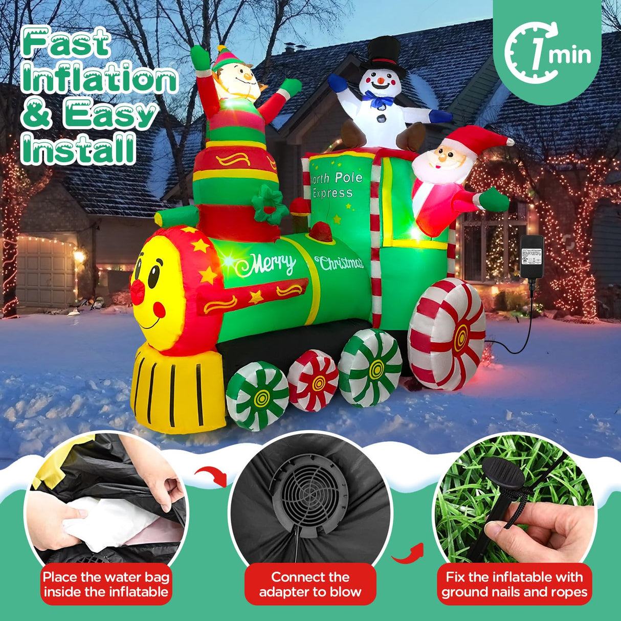 Toiyjofe 6.2FT Christmas Inflatables Train & Santa Claus Outdoor Yard Decortaions Blow-up Christmas Decor with Built-in LED Lights for Garden Lawn Party