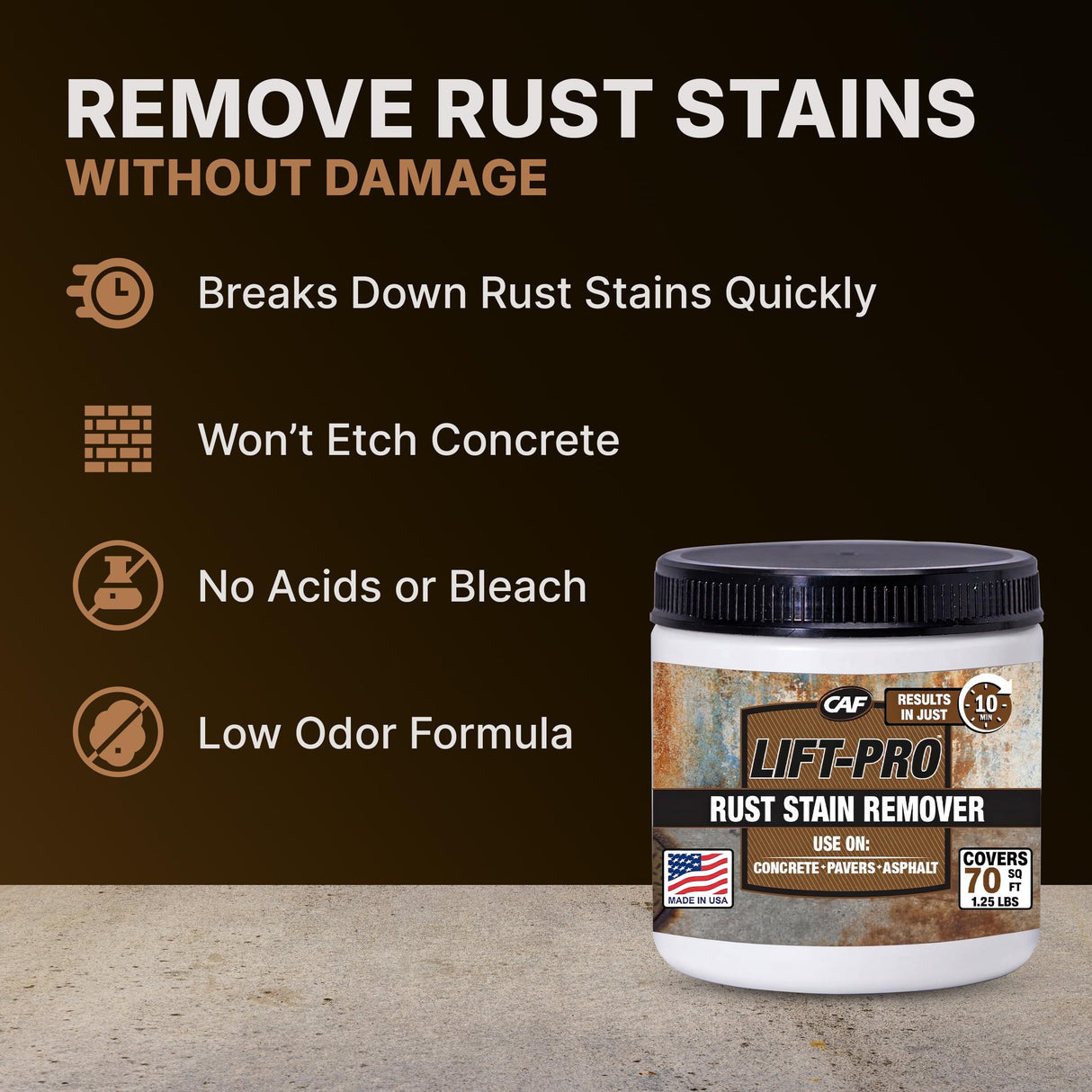 CAF Lift Pro Rust Stain Remover Concentrate for Concrete, Pavers, Brick, Tile and Grout, Outdoor Natural Cleaner Powder Makes 1 Gallon, No Scrub Rust Remover for Driveway, Patio and Asphalt Surfaces