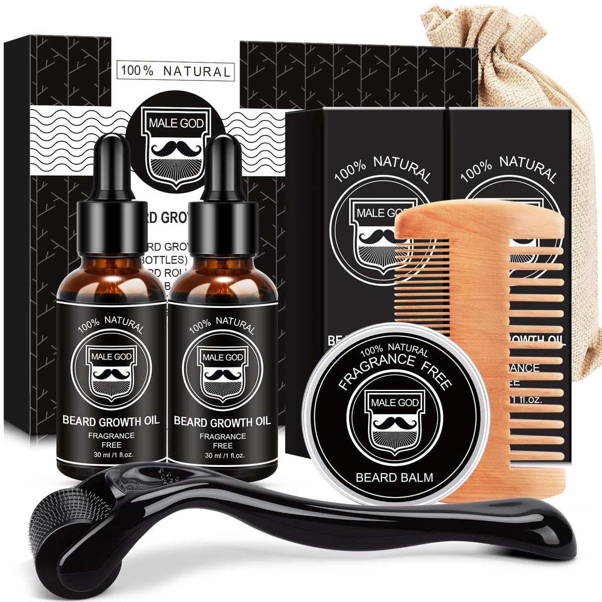 MALE GOD Beard Growth Kit, Beard Kit W/Beard Growth Oil (2 Bottles), Beard Balm, Beard Comb, Massager for Spot/Patchy Beard, Christmas Gifts for Men Him Boyfriend Husband