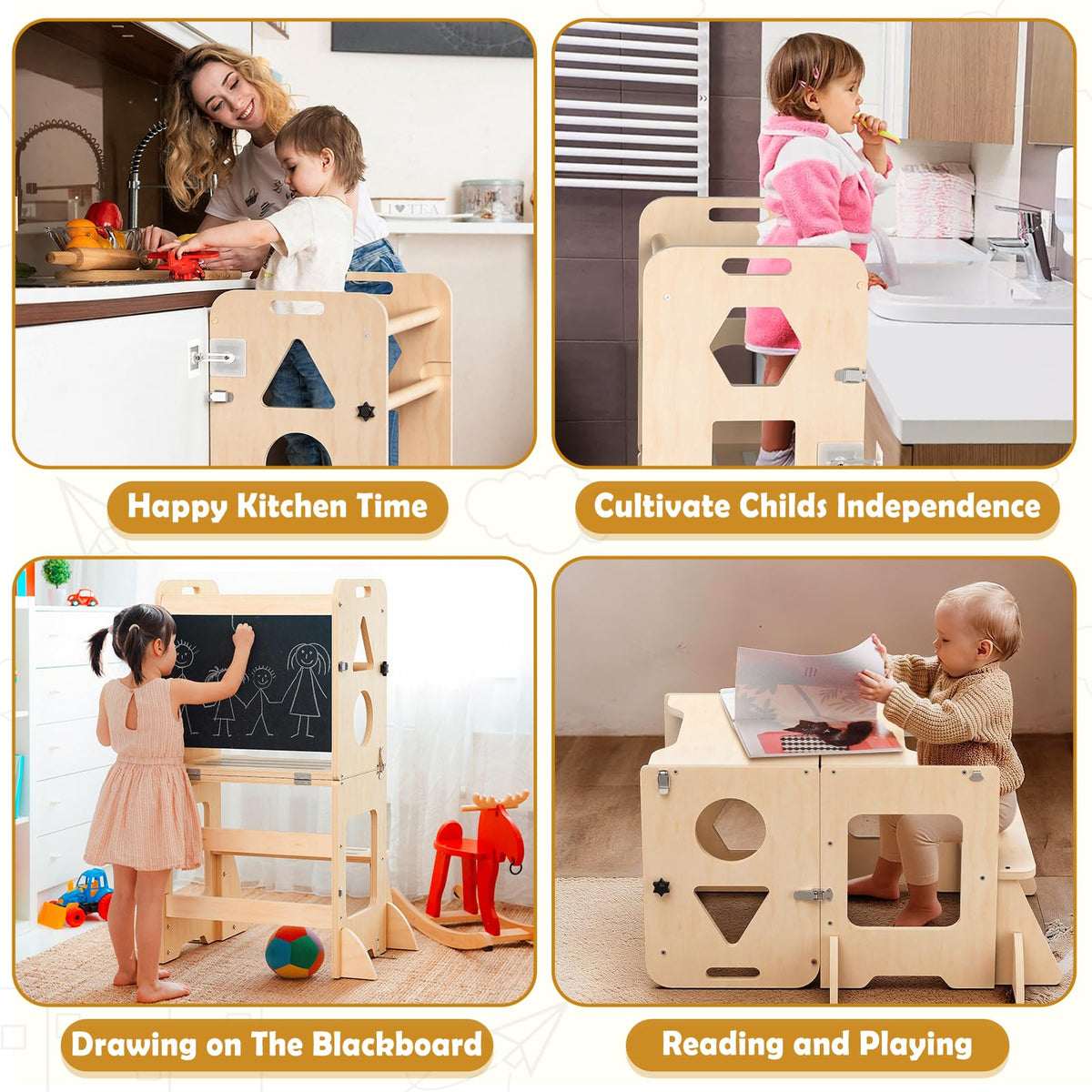 OMEW Toddler Standing Tower Anti-Tip Wooden Kitchen Step Stool,Nature