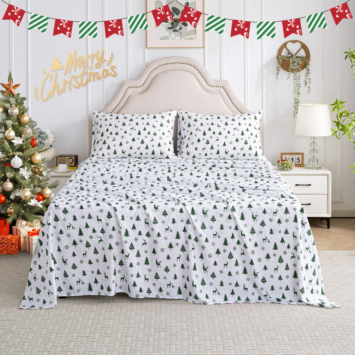 Printed Queen Size Sheet Sets, Christmas Holiday Bed Sheets Queen, Brushed Microfiber Fitted Sheet with 15" Deep Pocket for Queen Size Bed, Christmas Reindeer Patterned Sheets & Pillowcase Set