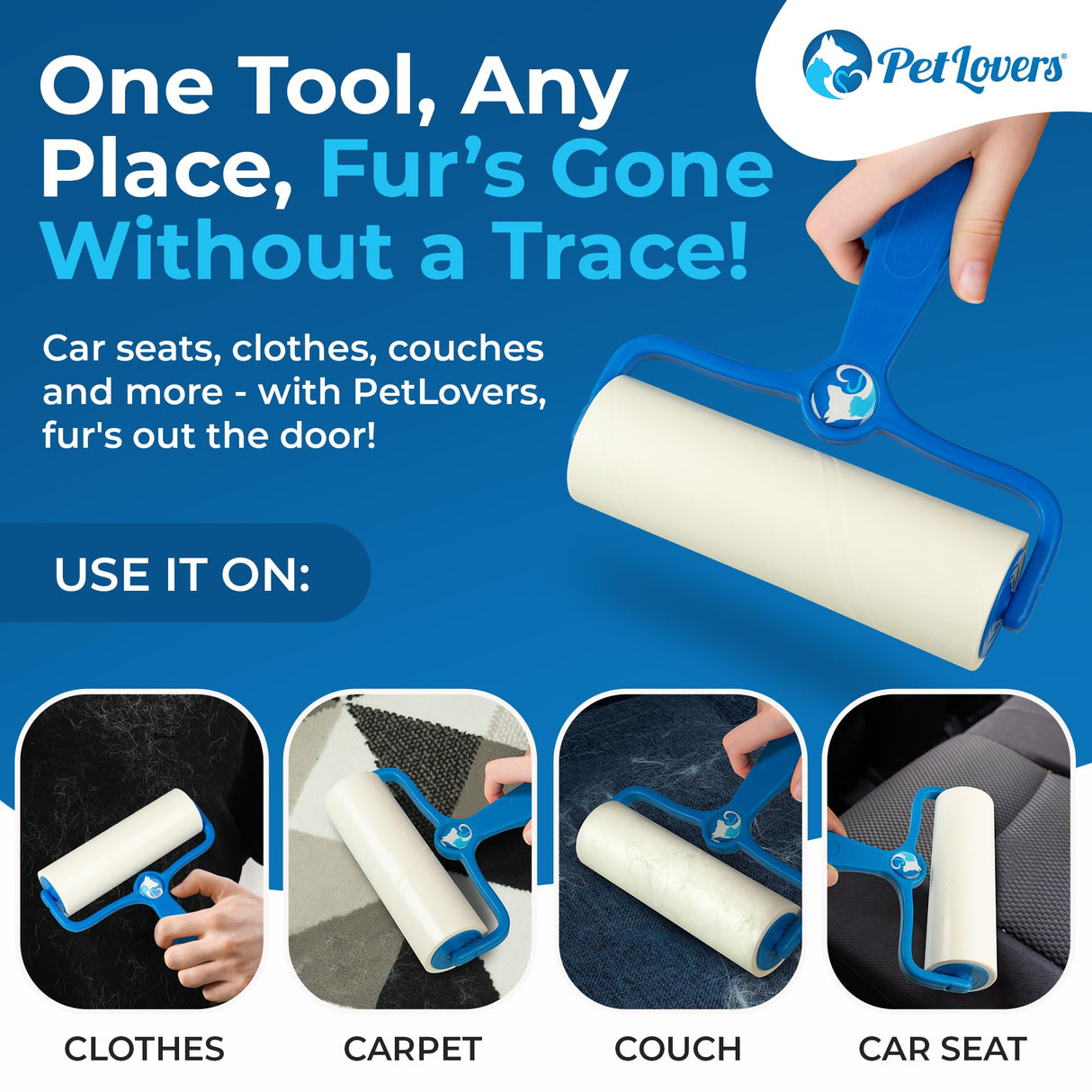 PetLovers 6.3" Large Lint Roller for Pet Hair Extra Sticky 270 Sheets, Ideal for Pet Hair Removal from Furniture & Clothes, Dog and Cat Lint Remover 3 Pack