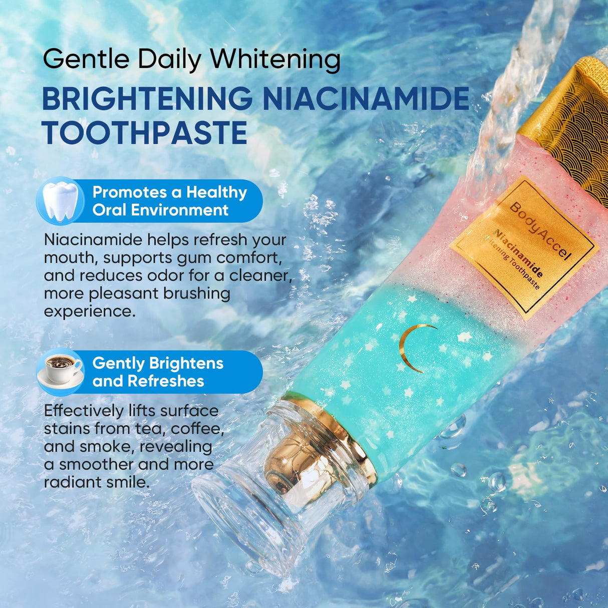 Niacinamide Whitening Toothpaste, BodyAccel Niacinamide Intensive Whitening Toothpaste with Natural Gentle Care Deep Stain Removal Clean Peach Flavor, Improves Gum Health, Fresh Breath (1)