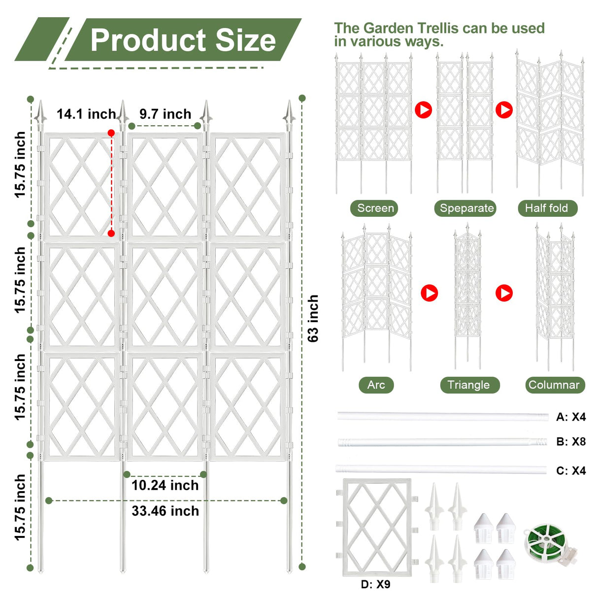 63 Inch White Metal Pipe Garden Trellis Support Fence Frame for Climbing