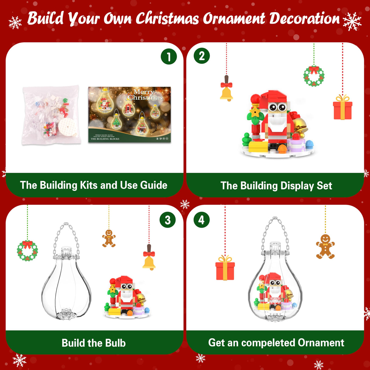 Christmas Ornaments Building Block Set, Compatible with Lego Christmas Tree Decorations Bulbs with Warm Light, Santa Claus Sleigh Phone Booth Fireplace Building Sets Gifts Stocking Stuffers (5 Pack)