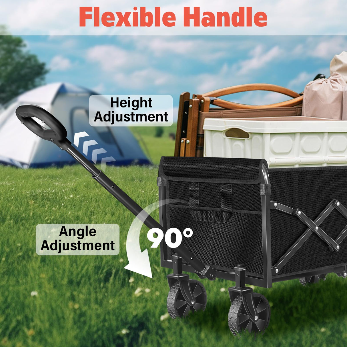Wagons Carts Foldable,360 lbs Collapsible Wagon with Wheels Foldable Wagon Cart with Flexible Handle,Lightweight Portable Folding Cart for Camping Beach Picinic Grocery Outdoor Sports Shopping(Black)