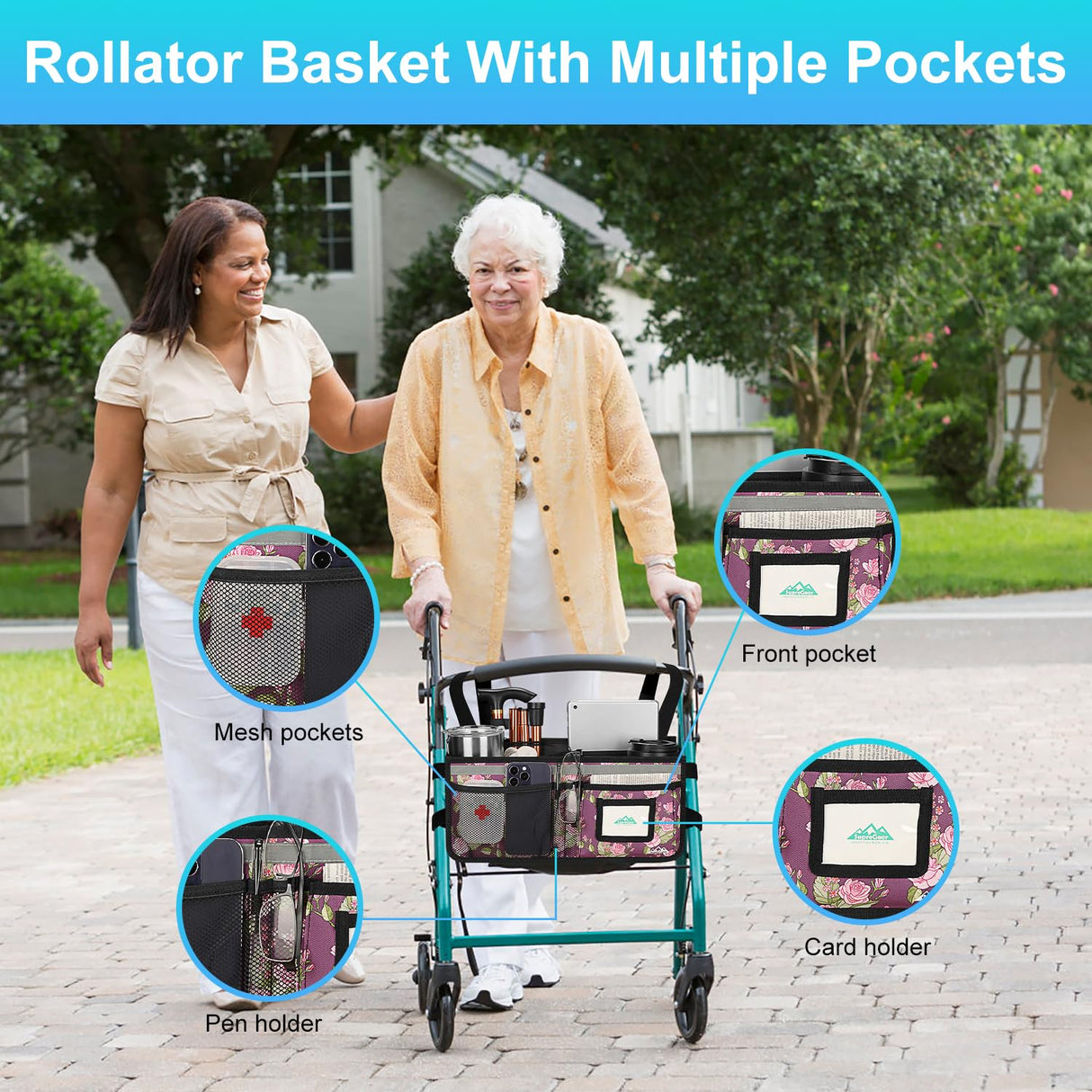Rollator Basket, supregear Rollator Walker Bag w/Cup Holder, Foldable Rolling Walker Waterproof Storage Pouch with Big Capacity & Never Tipping Over, Easy to Use Rollator Accessories for Seniors