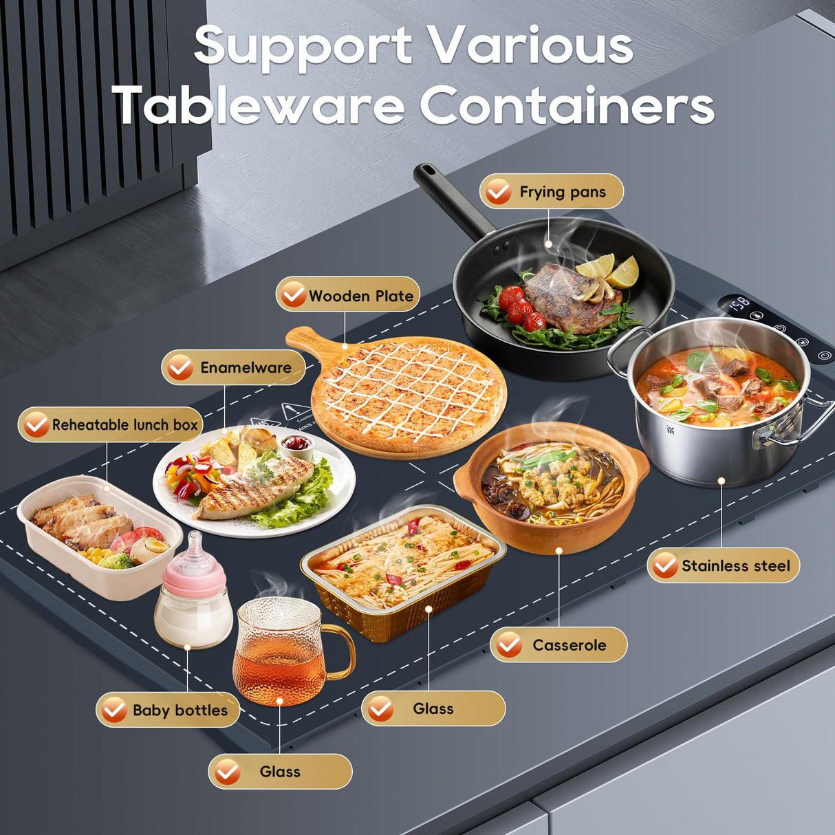 VIPDIGI Food Warming Mat, Large Electric Warming Tray, Silicone Fast Heating Warmer Pad, 6 Temp Adjustable, 6 Timer & Safety Lock, Auto Shut-Off for Countertops Buffets Party Blue