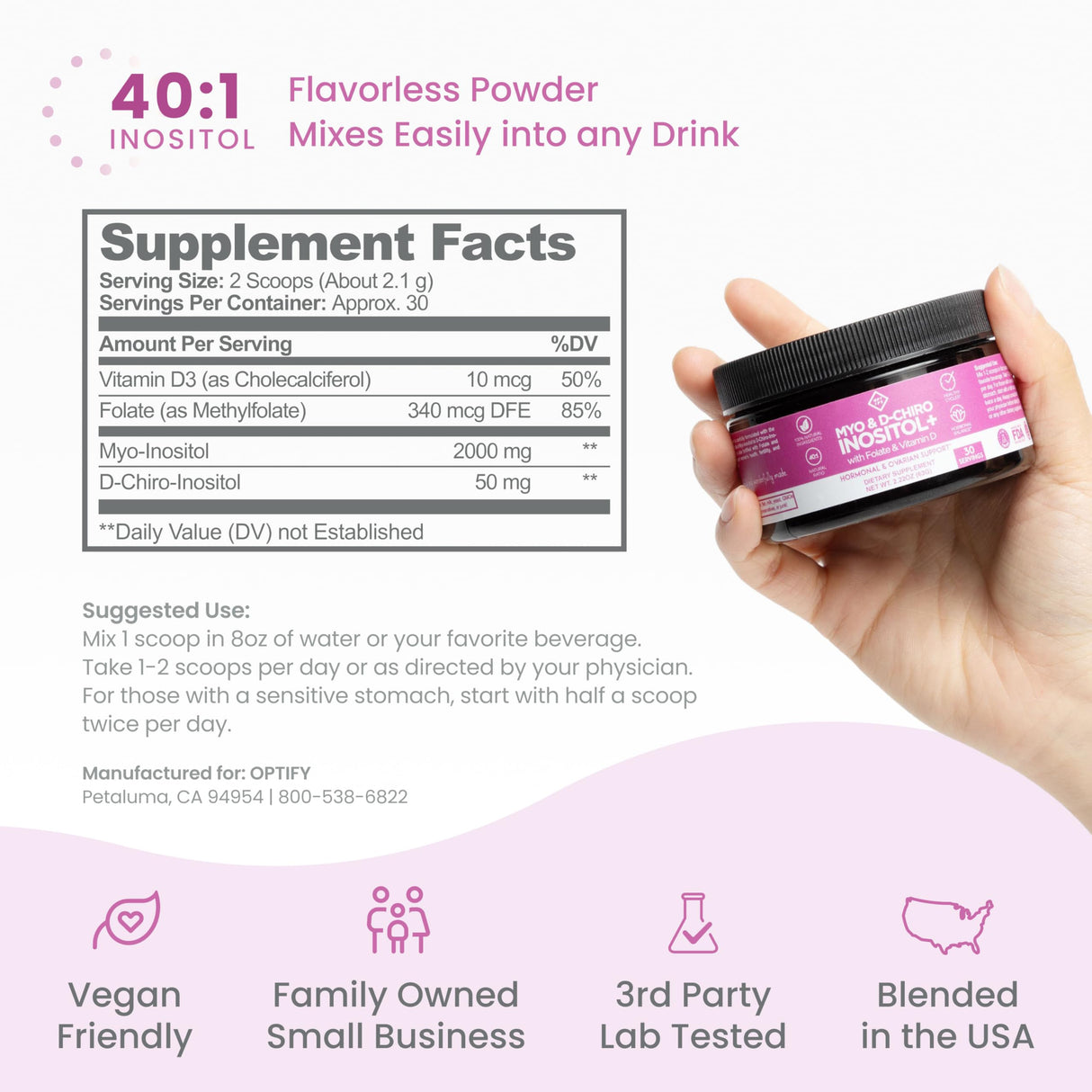 Optify Myo-Inositol & D-Chiro Inositol Supplement Powder for Women – 40:1 Ratio Plus Folate and Vitamin D – Support Healthy Hormonal Balance, Regular Cycles, & Ovarian Health – 30-Day Supply