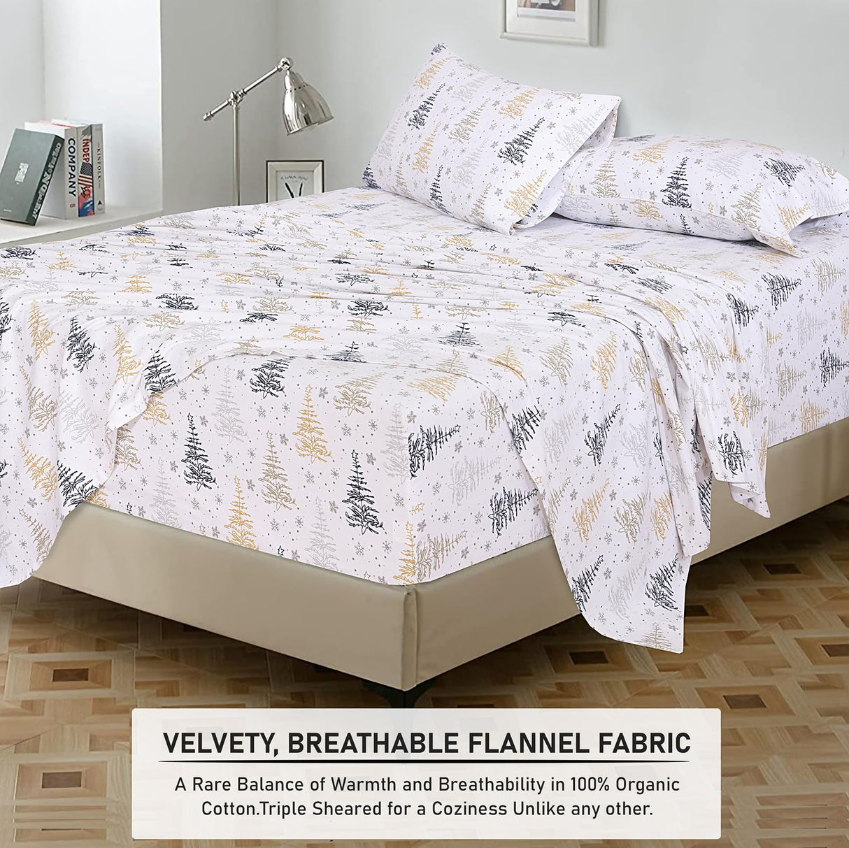 RUVANTI Flannel Sheets King Size - 100% Cotton Brushed King Size Sheets Set - Deep Pockets 16 Inches Bed Sheets - All Seasons Breathable & Extra Soft - Warm & Cozy, 4 Piece, Christmas Tree