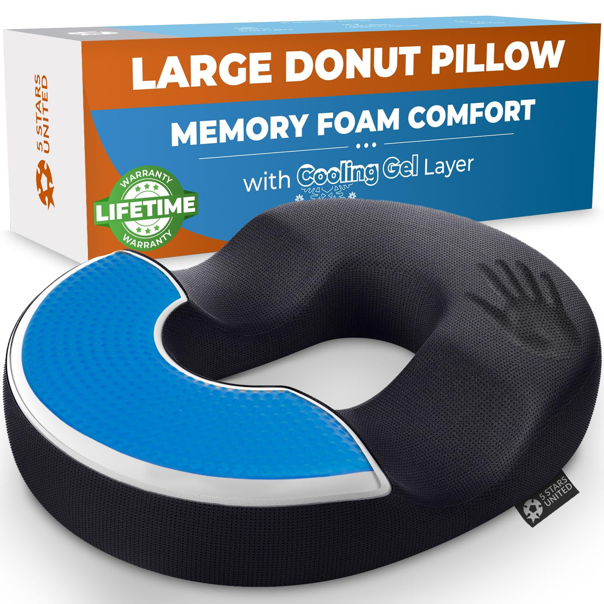 5 STARS UNITED Donut Pillow Hemorrhoid Tailbone Cushion โ Large Chair Pad for Pain Relief โ Coccyx, Prostate, Sciatica, Pelvic Floor, Pressure Sores, Pregnancy, Postpartum Recovery, Arctic Black