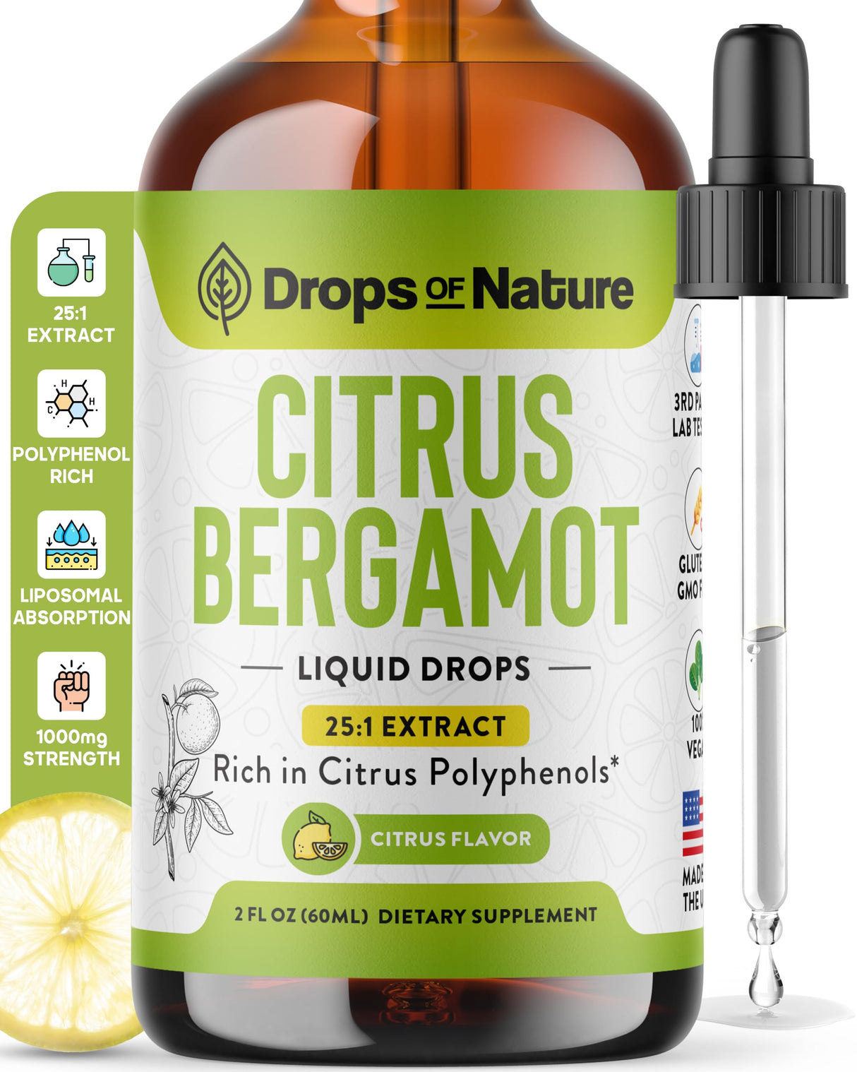 Citrus Bergamot Extract 25:1 Liquid Drops – Vegan, Gluten-Free – Comparable to Resveratrol and Berberine Supplement – 1000mg Bergamot Supplement for Heart Wellness and Metabolic Support (Citrus,60mL)