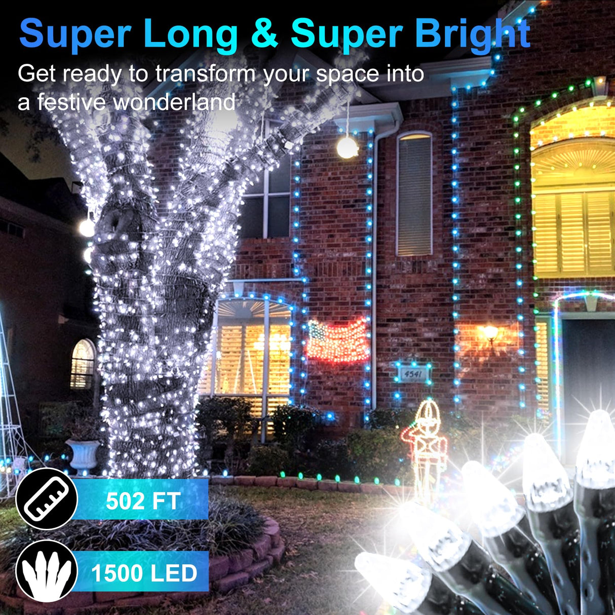 1500 LED 502ft Outdoor Christmas Lights Super Long String Lights 8 Modes Timer Memory, Outsite Waterproof Dark Green Wire Fairy Light Strings for Xmas Tree Wedding Holiday Party Decorations Cool White