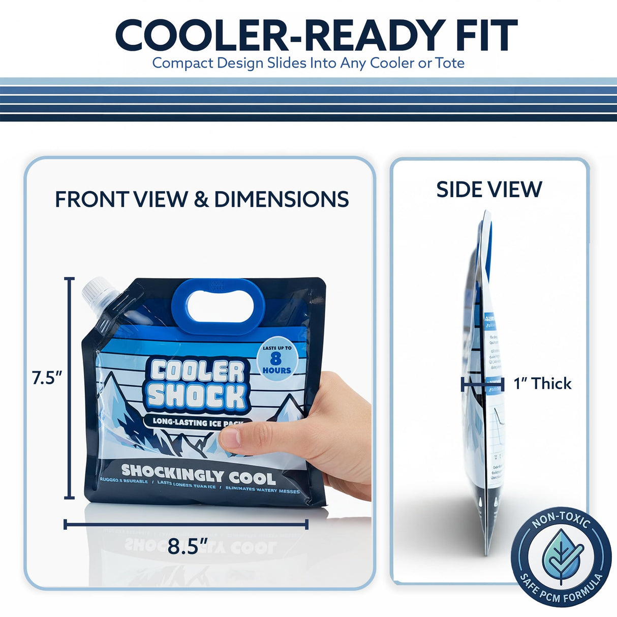 Cooler Shock Reusable Ice Packs for Cooler, 8.5"x7.5" - Long Lasting Cold Freezer Packs for Coolers and Lunch Boxes - Cooler Ice Packs for Camping Gear, Fishing, Road Trips, Beach Must Haves