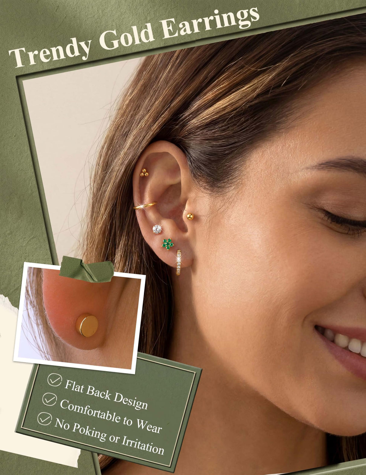 Jstyle Hypoallergenic Flat Back Earrings for Women Gold Earring Stacks 4