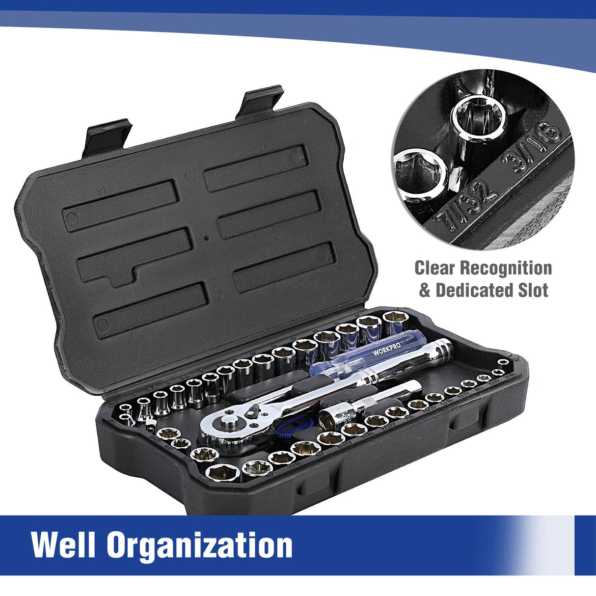WORKPRO 39-Piece Drive Socket Set 1/4'' & 3/8'', CR-V Metric and SAE Sockets with Quick-Release Ratchet Wrench, Extension Bar, Spinner Handle & Adapter, Compact Mechanics Tool Set for Car Repair