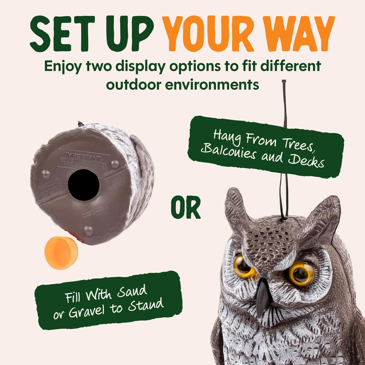 Dalen Lifelike Great Horned Owl Decoy Bird Repellent - 16in Hand-Painted Scarecrow for Gardens & Rooftops, Bird Deterrent, Fixed-Head Design, Fill Base with Sand/Gravel Only - Multicolor