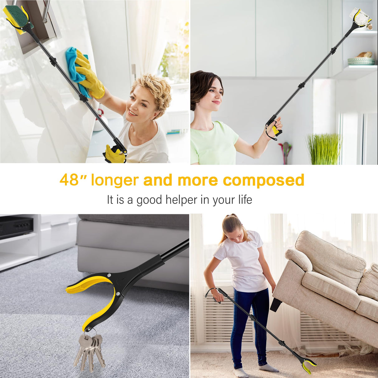 48 Inch Extra Long Grabber Reacher Tool,Foldable Pick Up Stick with Strong Grip Magnetic,360°Rotating Anti-Slip Jaw 4" Wide Claw Opening,Hand Grabber for Reaching