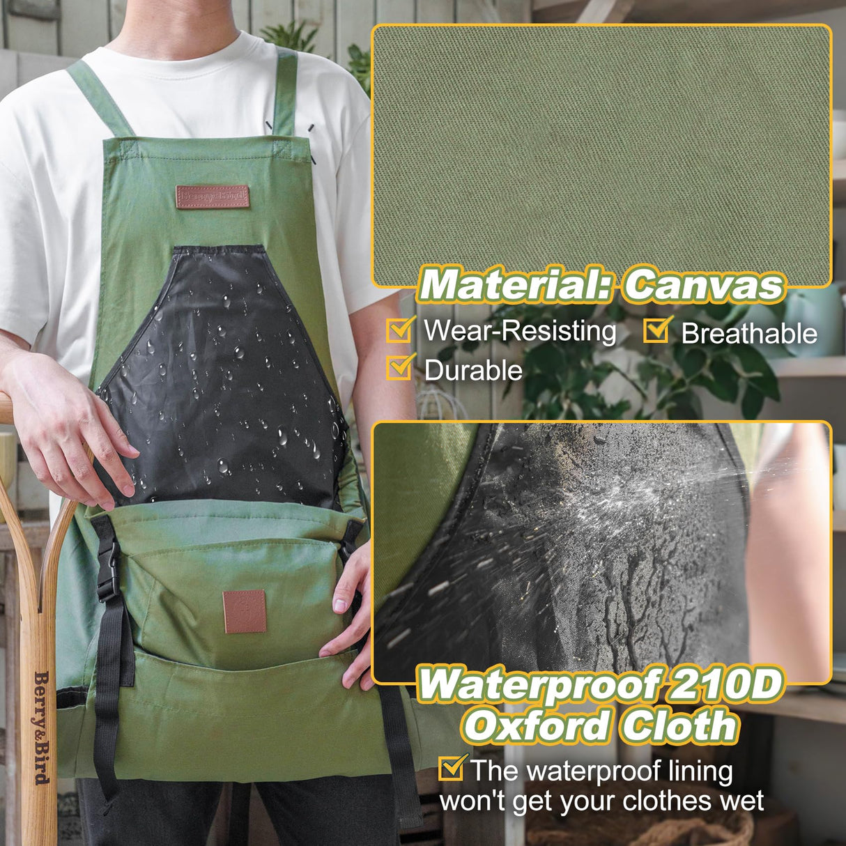 Berry&Bird Harvest Apron, Canvas Gardening Apron with Pockets and Harvesting Pouch Waterproof Harvesting Apron (Green)