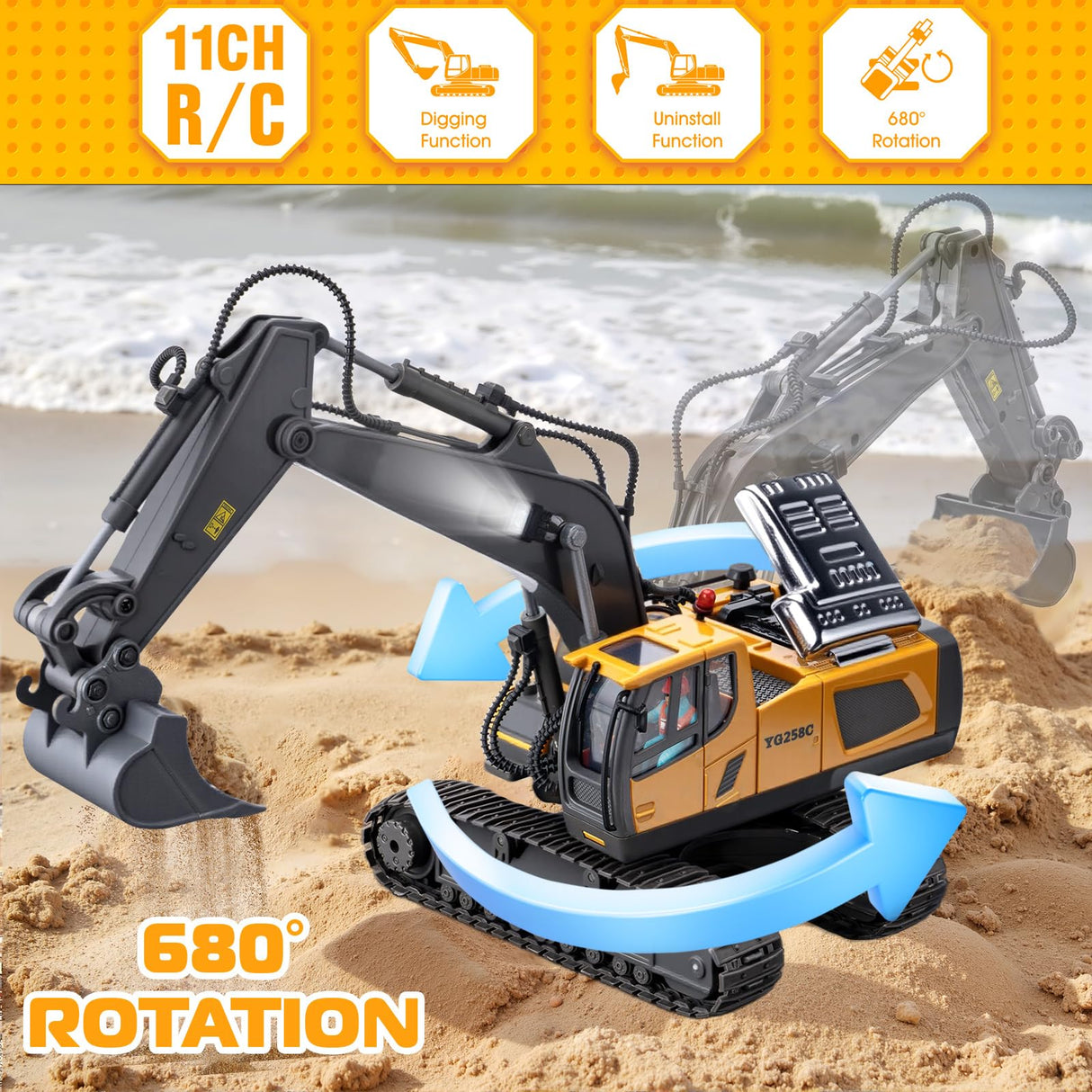 Samtop Remote Control Excavator Toys, 11 Channel 1:20 RC Construction Vehicles, 680° Rotation Hydraulic Car Toys for 4 5 6 7 8 9 10 Year Old Boys Kids, RC Truck Digger Toys Christmas Birthday Gifts