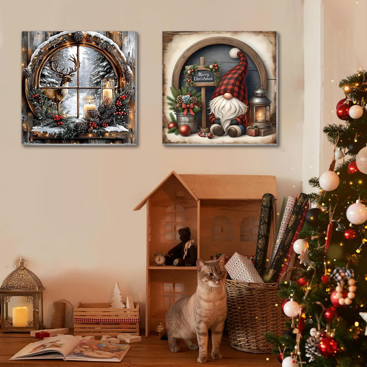 VIGEGU 4 Pack Christmas Paint by Numbers Kit for Adults with Framed,Deer Bell Lantern Gnome Paint by Number with Wooden Easel DIY Adult Painting by Number Kits for Wall Decor for Wall Decor 12x12in
