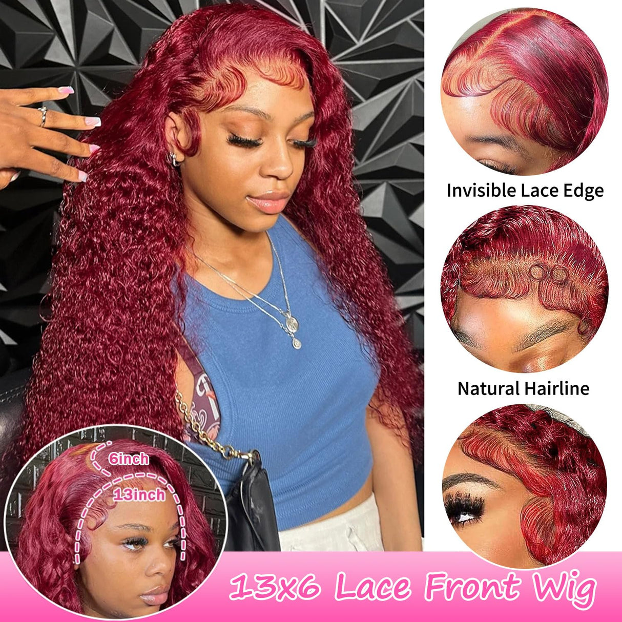 99j Burgundy Lace Front Wigs Human Hair 30 Inch 200 Density 13x6 Deep Wave Lace Front Wigs Human Hair Pre Plucked Red Curly Human Hair Wig HD Frontal Glueless Colored Wet And Wavy Loose Deep Wave