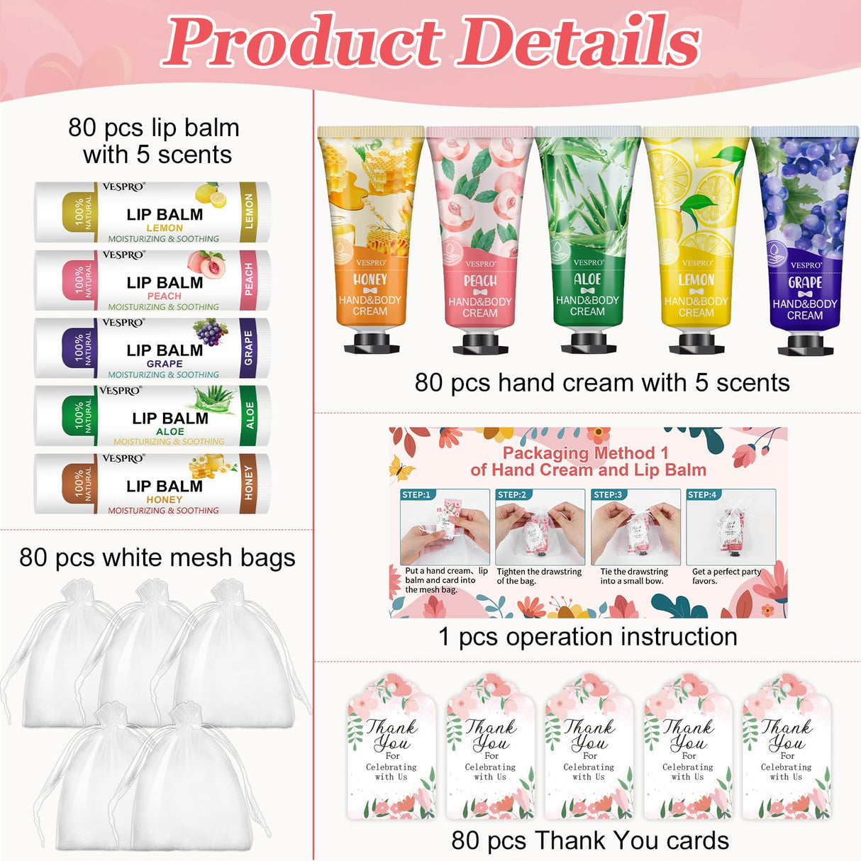 80 Sets Bulk Hand Cream and Bulk Lip Balm Gifts, Mothers Day Gifts, Baby Shower Party Favors and Bridal Shower Gifts for Guests with Thank You Card Organza Bags, Teacher Appreciation Gifts for Women