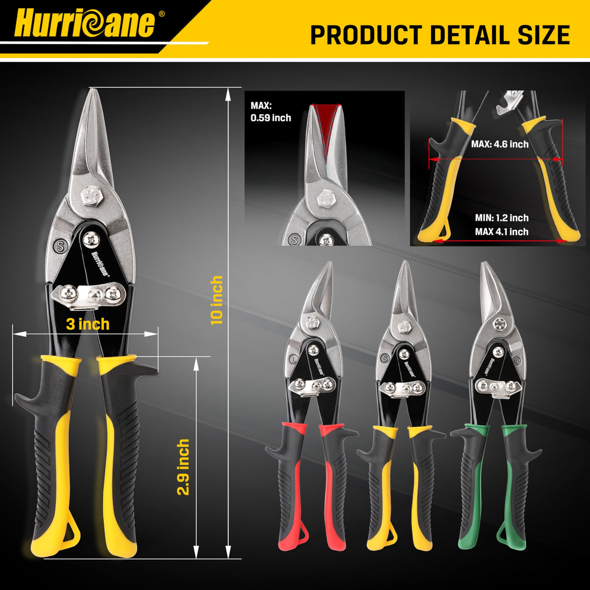 HURRICANE 3 pc Aviation Tin Snips Set, 10 Inch Metal Shears for Straight, Left & Right Curves, Cr-V Steel Blades, Non-Slip TyreGrip Handle, Safety Latch, for Sheet Metal, Gutter, HVAC, DIY