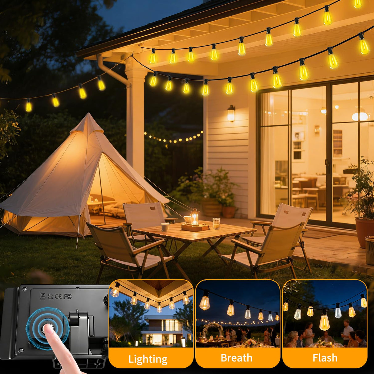 FUANXIEI Outdoor Solar String Lights Waterproof: ST38 50ft Shatterproof Patio Lights - Solar Powered & USB Dual Charging - 3 Modes Button Control - Garden Backyard Gazebo Porch Party Decor