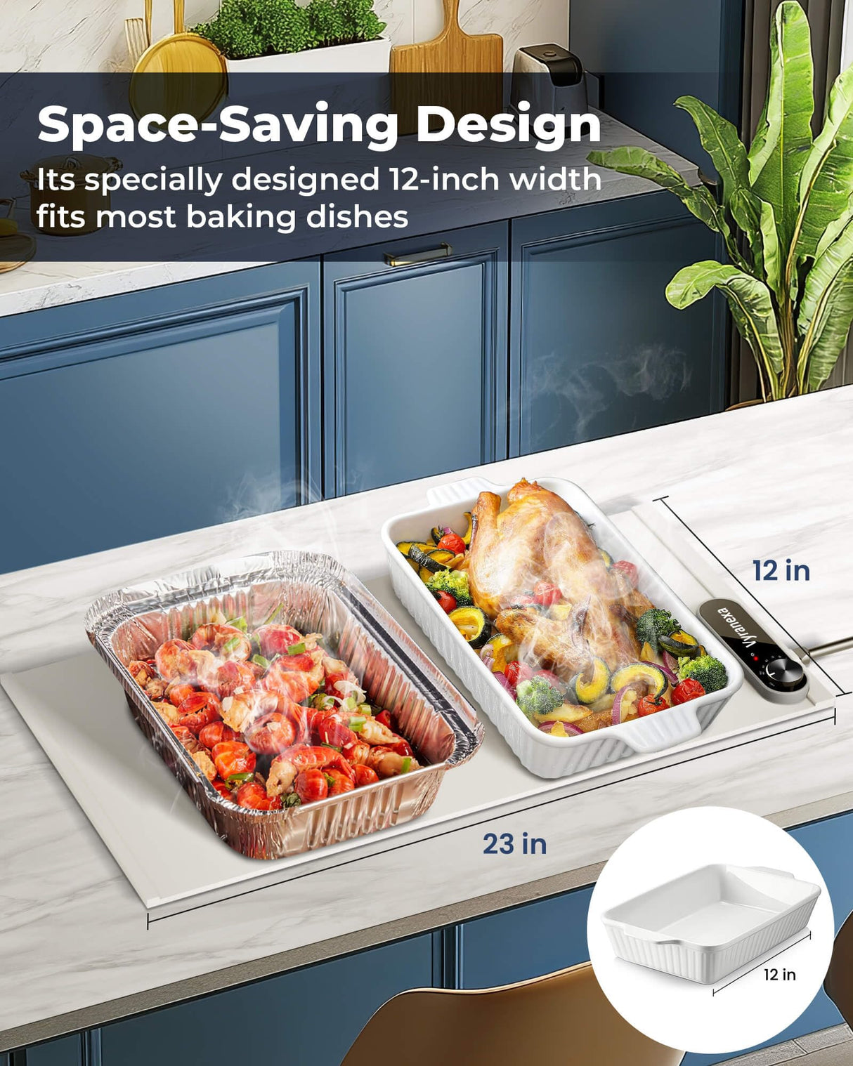 Warming Mat for Food - Space-Saving, Fits Two Baking Dishes, 7 Temp Settings, 4h Auto Shut-Off, Durable Silicone Surface, Easy to Clean, Perfect for Parties and Everyday Use (White, Medium)
