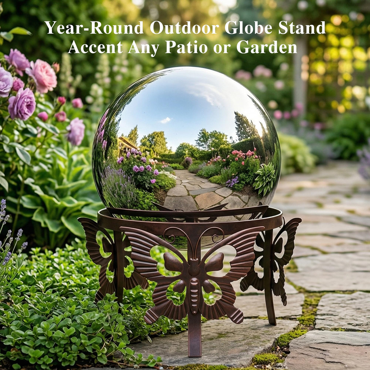 Topadorn Gazing Ball Stand for 10 Inch or 12 Inch Globes, Metal Garden Globe Stand with Butterfly Design, Outdoor Weather Resistant Decorative Holder for Yard Patio Lawn