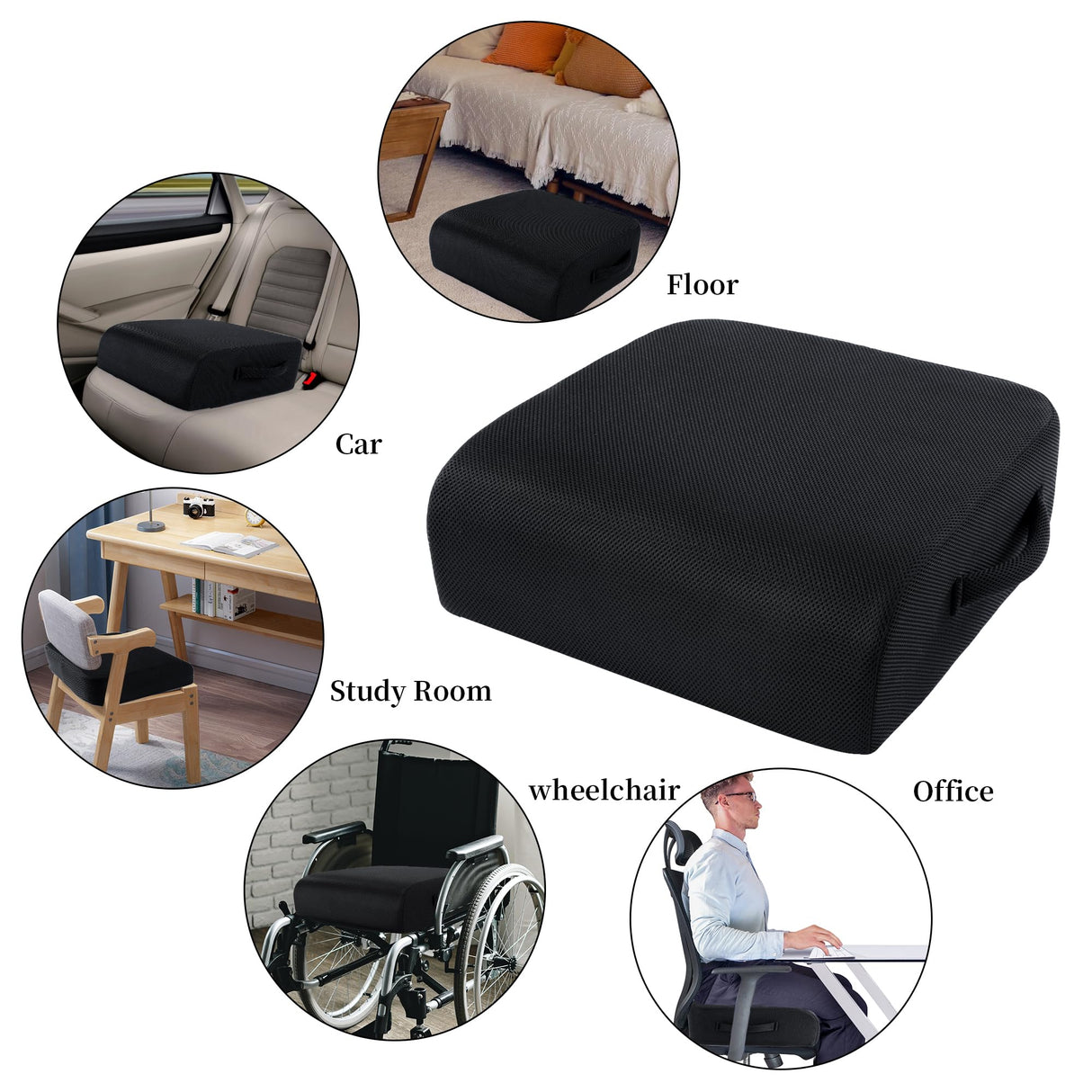 MABOZOO Extra Thick Chair Cushions,Office Chair Booster Seat Cushion to Raise Seat Height for Pain Relief,18 x 16 x 6 inch Non Slip Memory Foam Thick Cushion with Carry Handle(Black)