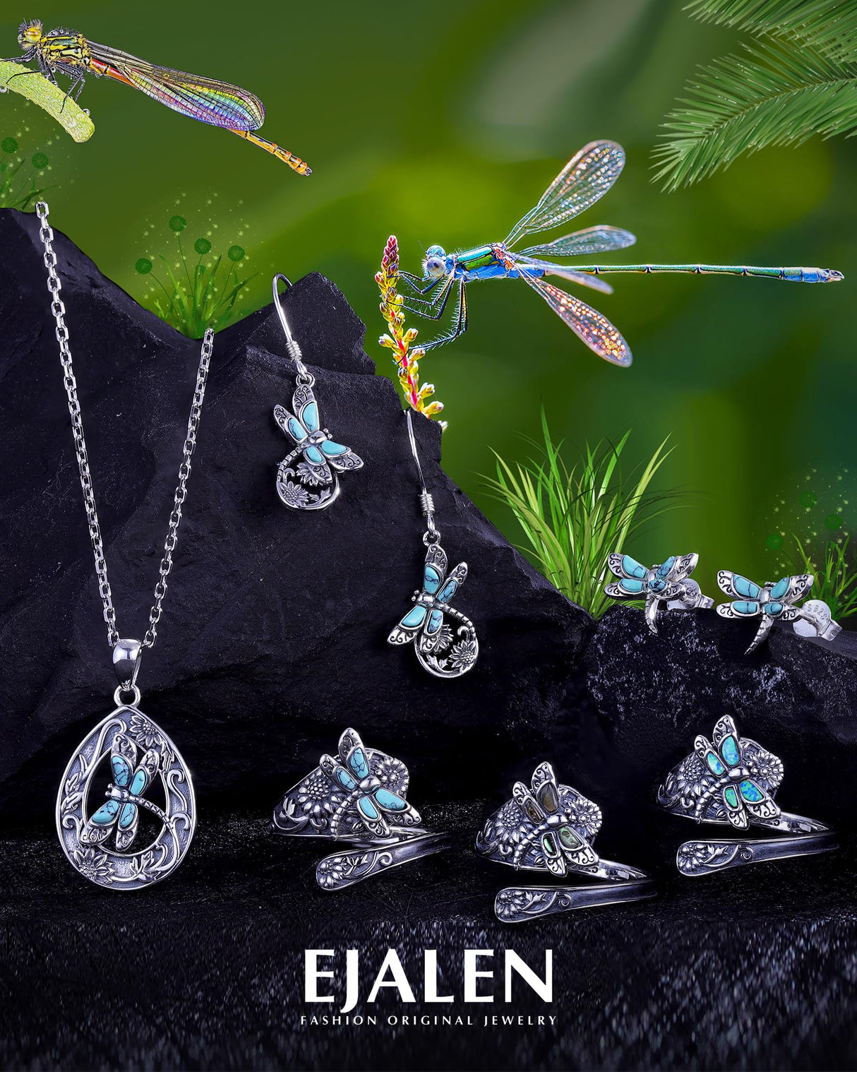S925 Sterling Silver Turquoise Dragonfly Sunflower /Hummingbird/Butterfly/Cross/Anchor Earring Vintage Bohemian Jewelry Natural Drop/Stud Earrings Birthday Jewelry Gifts for Women (Dragonfly Dangle Earrings)