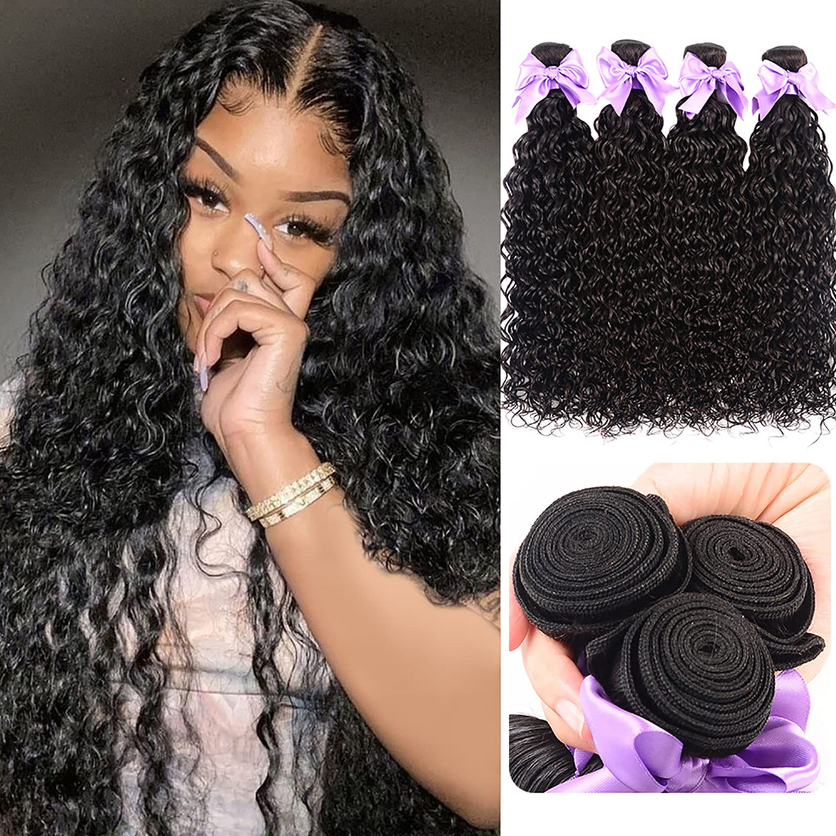 9A Brazilian Human Hair Water Wave Bundles (18 20 22 24) Unprocessed Virgin Human Hair Extensions Wet and Wavy Hair Curly Wavy 100% Human Hair Can Be Dyed Natural Color Laritaiya