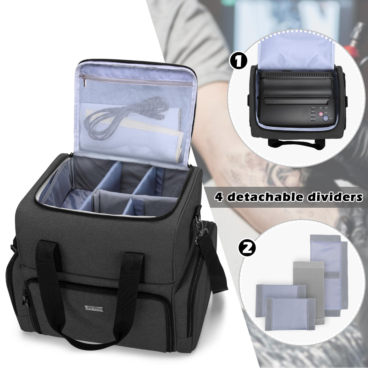 BAFASO Large Tattoo Case with 3 Inner Removable Pouches, Tattoo Travel Case for Large Tattoo Stencil Printer and Tattoo Supplies (Patented), Black