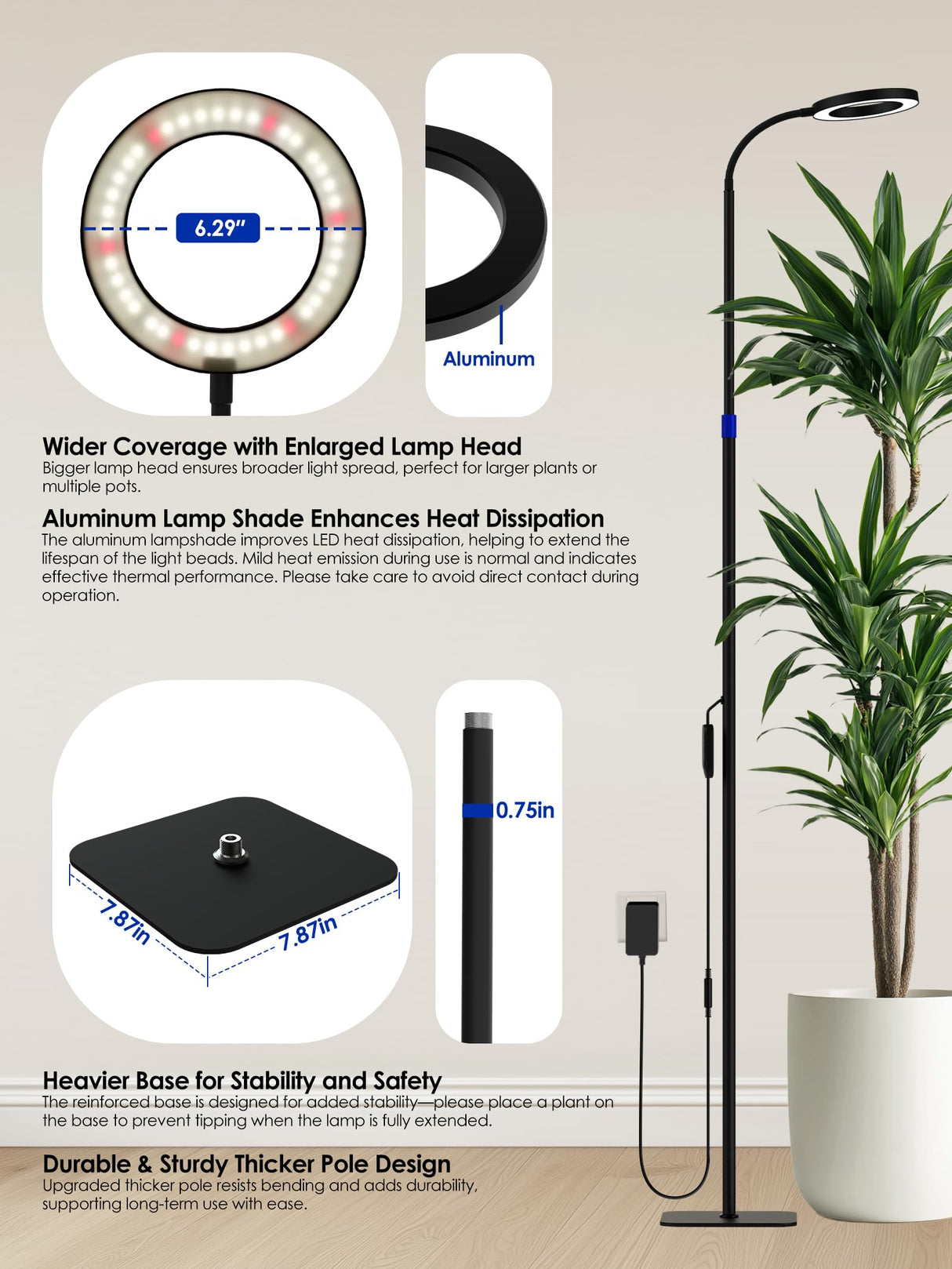 Smart Grow Light for Indoor Plants, 53.9"-67.5" Adjustable Height Full Spectrum LED Plant Light, APP Control with Auto Timer, Plant Assistant,Stepless Dimming, Ideal for Large Tall Plants