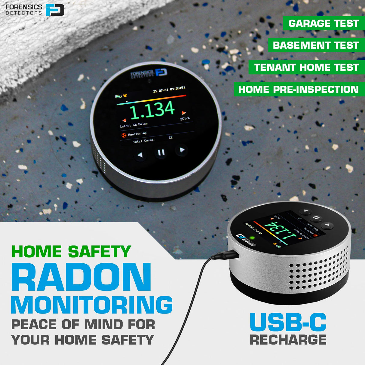 Radon Detector by Forensics | Home Use | Upgraded 20-Year Sensor Life | Version 2.0 |