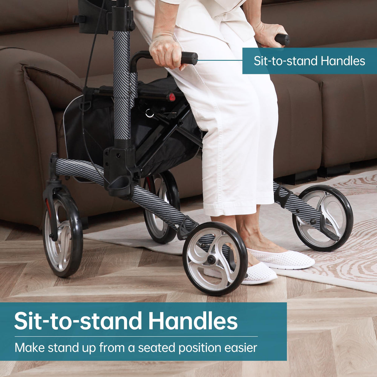 ELENKER Upright Walker, Stand Up Folding Rollator Walker with 10” Front Wheels Backrest Seat and Padded Armrest for Seniors(Carbon Fiber Black)