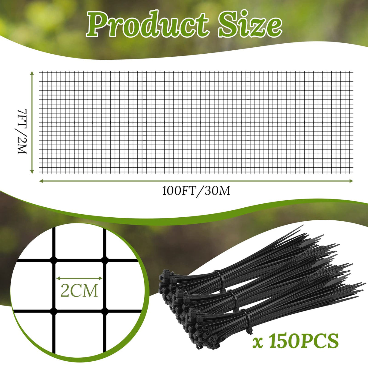 Woanger 3 Pack Deer Fence Netting Bird Netting Garden Net with 150 Pcs Cable Ties for Bird Protect Plants, Vegetables Against Birds Fruit Trees Deer Squirrel Rabbit and Other Animals (Black,7x100 ft)