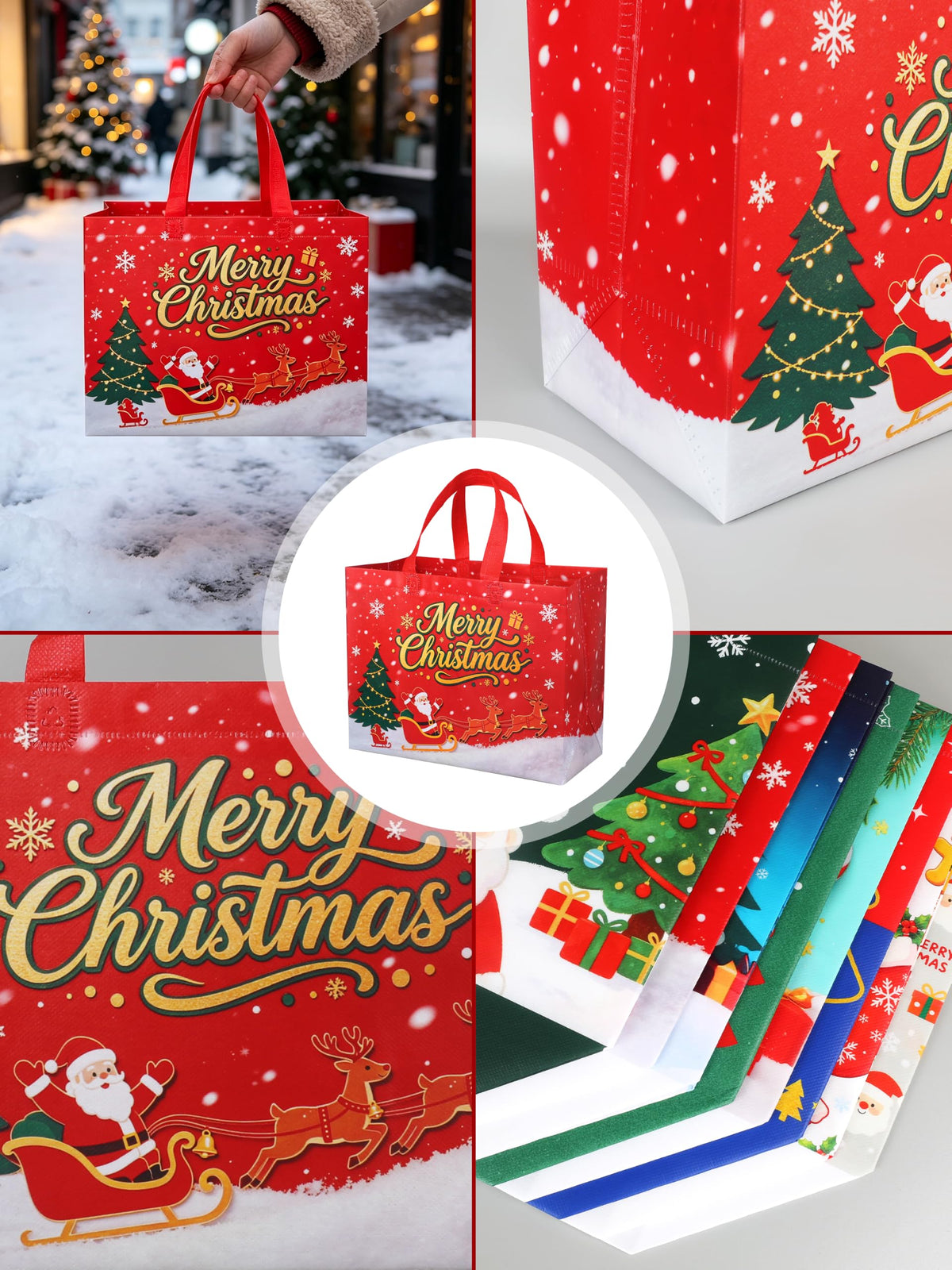 16 Pack Christmas Gift Bags 10.3×4.7×13IN Reusable Tote Bags 8 Designs