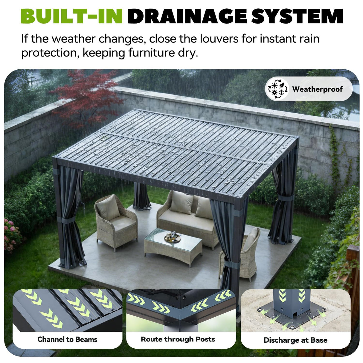 MELLCOM 10x12 Louvered Pergola Adjustable Roof w/Curtains & Mesh