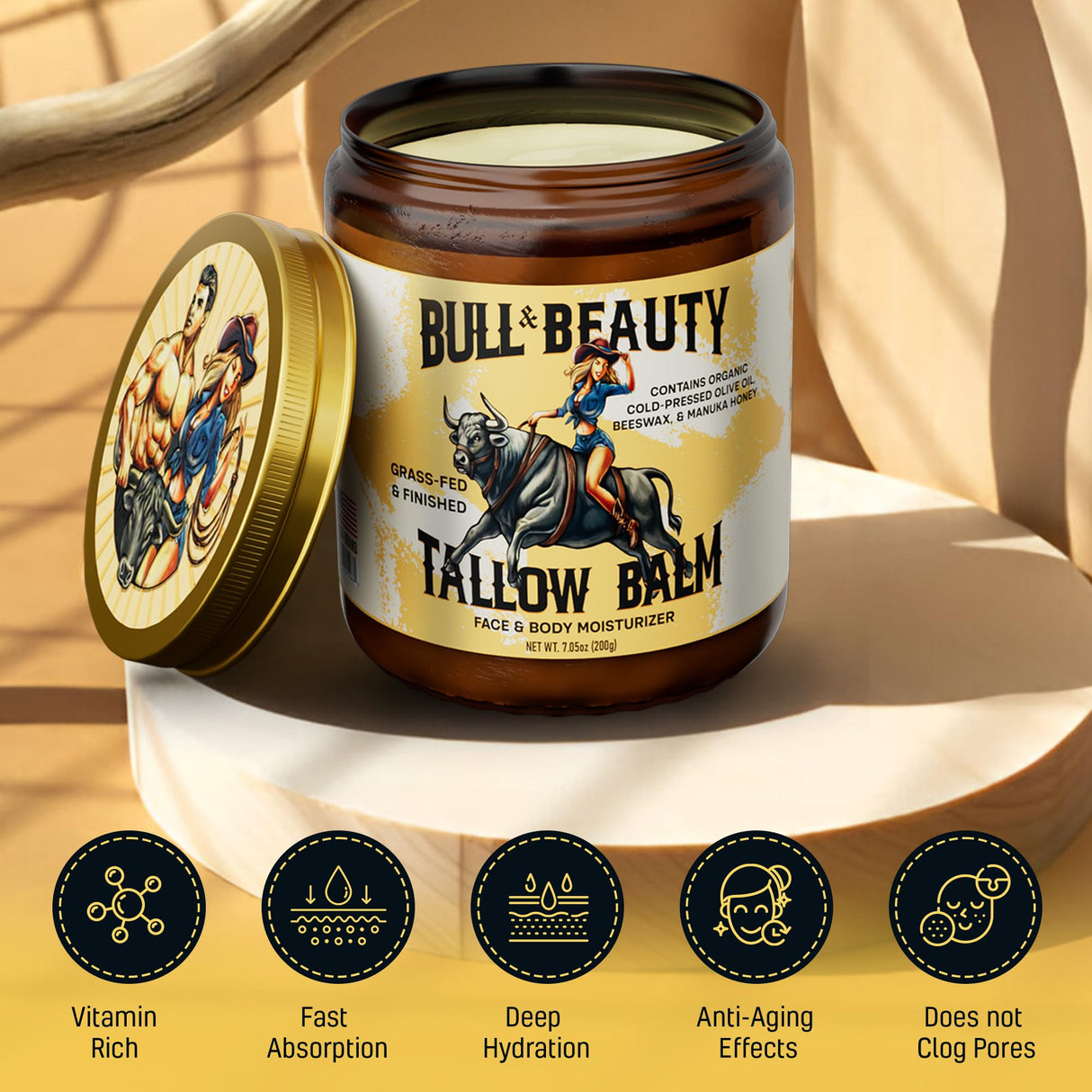 Bull & Beauty Organic Beef Tallow and Honey Balm 7.05oz Organic Beef Tallow for Skin - 100% Grass-Fed Unscented Beef Tallow Moisturizer for Skin & Face with Manuka Honey, Olive Oil & Beeswax