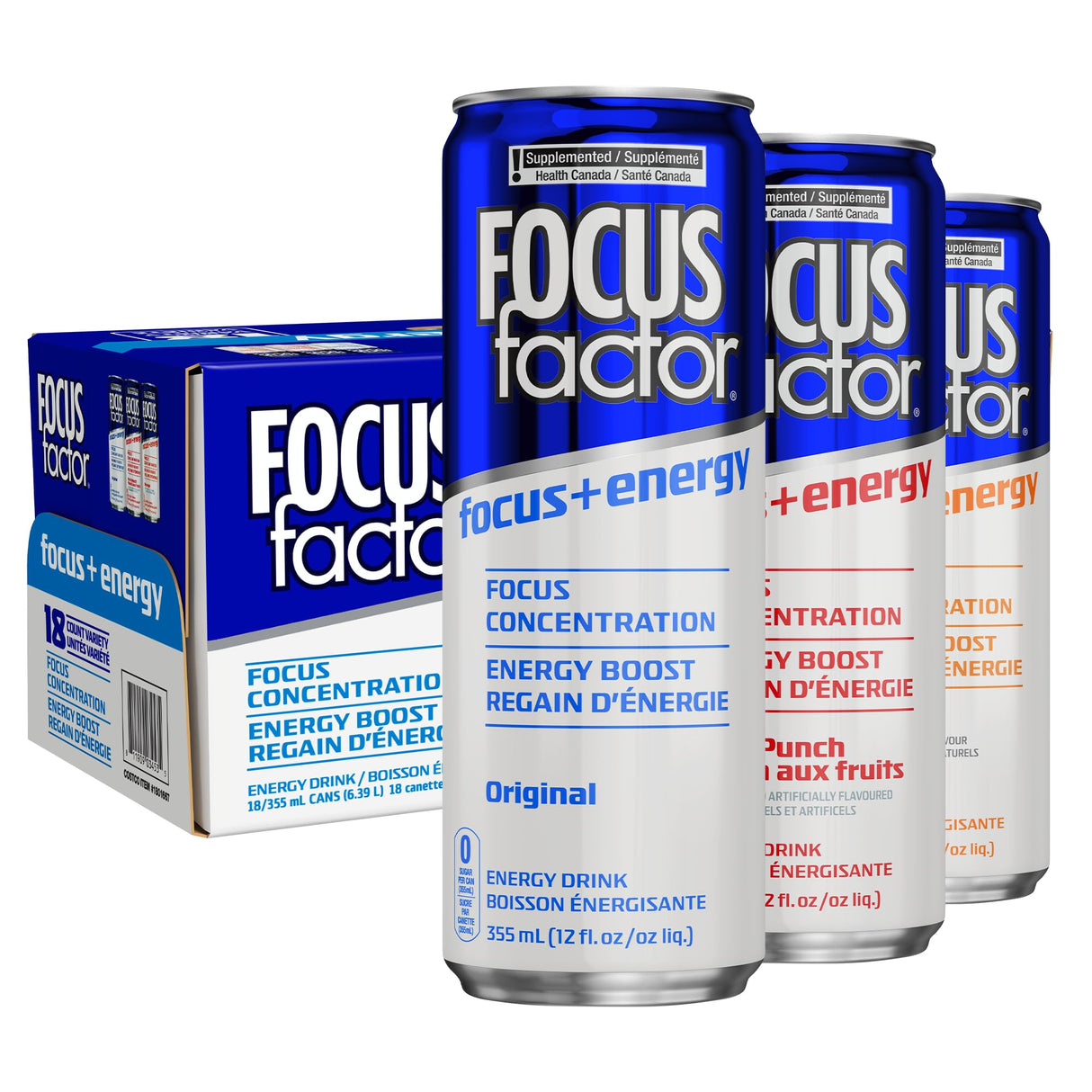 Focus Factor Energy Drink - 18 x 355ml Cans - Variety Pack (Original, Orange, Fruit Punch) - with Focus + Energy - Lightly Carbonated, Sugar Free, Low Calorie with Vitamin B6 & Vitamin B12