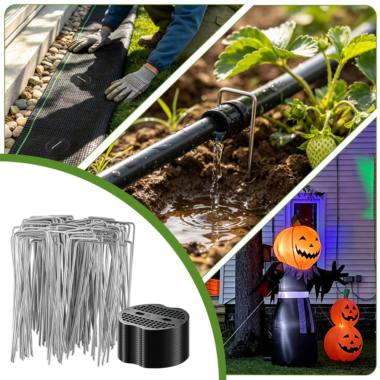 200Pcs Garden Stakes Staples Kit, 100Pcs 6 Inch U-Shaped Landscape Staples, 100Pcs Fixing Gasket for Weed Barrier Fabric, Ground Cover, Holding Fence and Artificial Turf